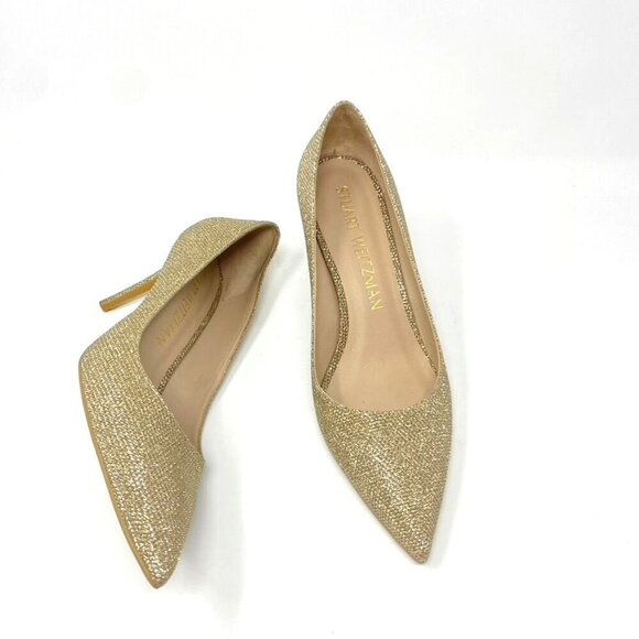 Stuart Weitzman Linsi 75 Pointed Toe Metallic Woven Pump Heels Rubber Sole NWB - Picture 8 of 13